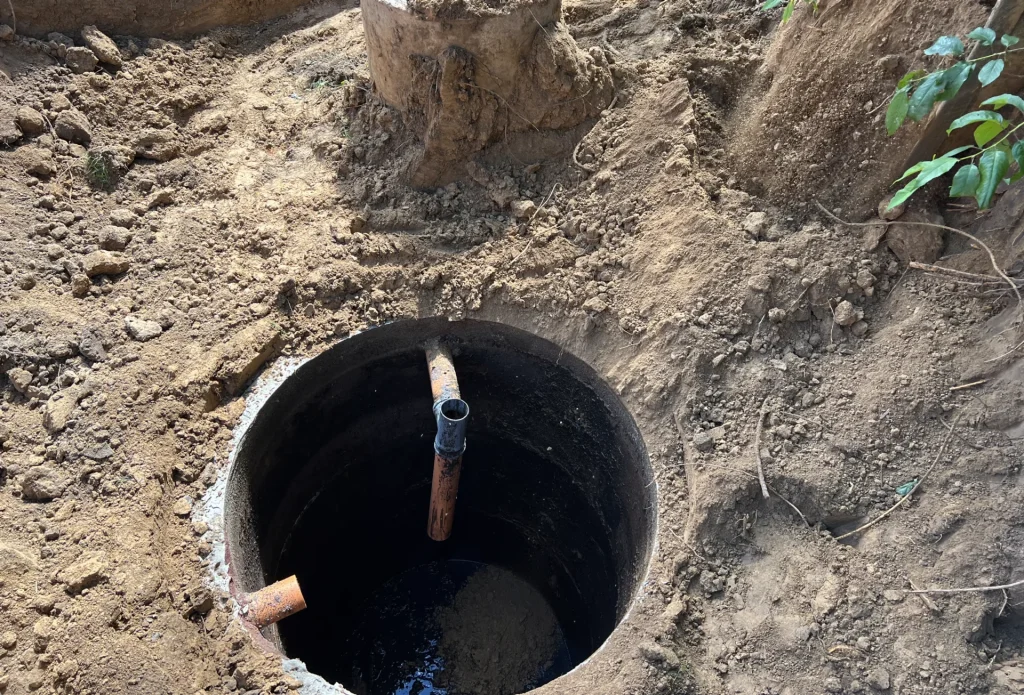 Процесс кольматации бетонного септика: заиленное дно и стоячая вода, требующая инженерной реконструкции.